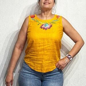 I.B. Diffusion Yellow Embroidered Vintage Sleeveless Blouse Sz 6